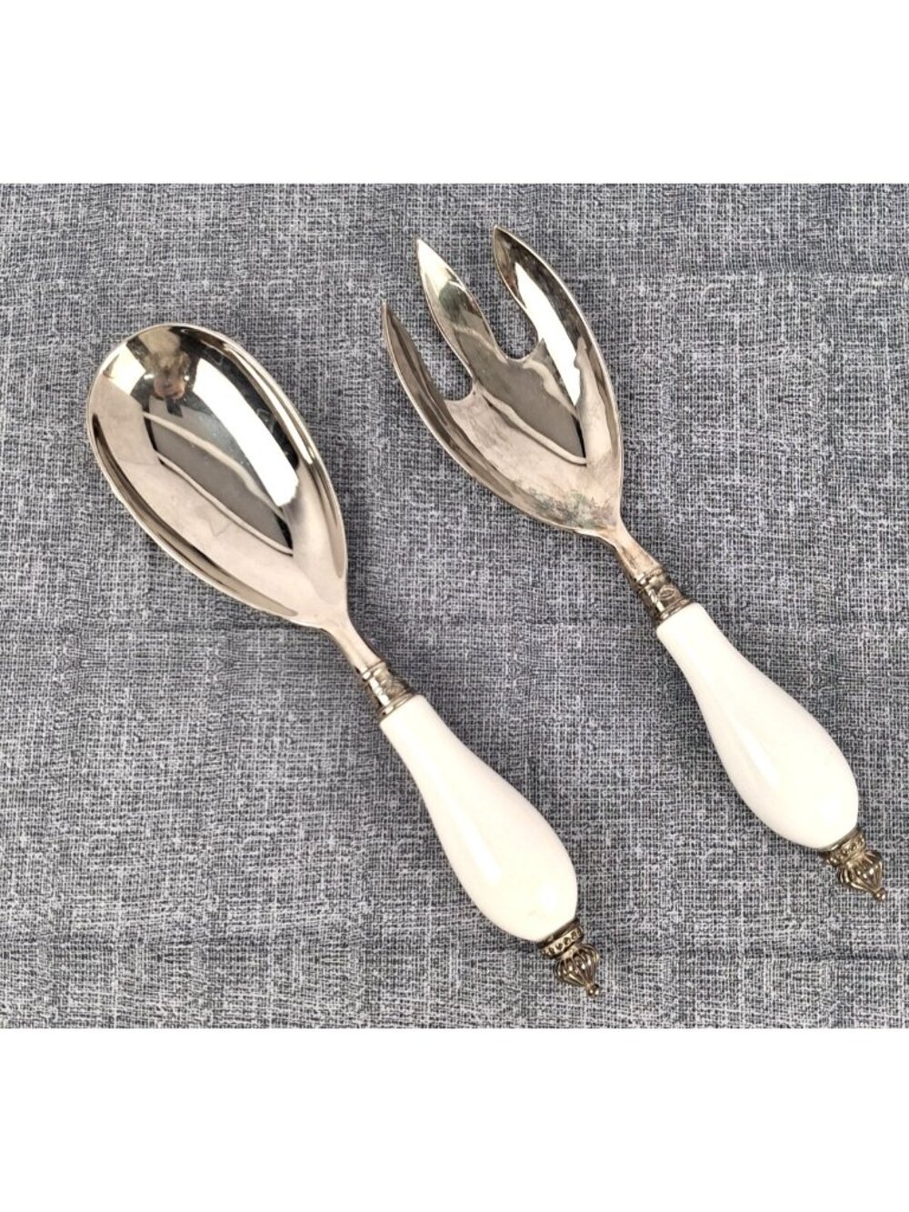 VTG GODINGER Silverplated White Porcelain Handle Spoon Fork Server Set 10.75" L